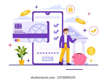 Mobile Banking Vektor Illustration mit einer App für die Bezahlung per Telefon und Wireless-Barzahlung per Kredit- und Debit-Cards auf flattem Hintergrund
