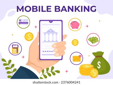 Mobile Banking Vektor Illustration mit einer App für die Bezahlung per Telefon und Wireless-Barzahlung per Kredit- und Debit-Cards auf flattem Hintergrund