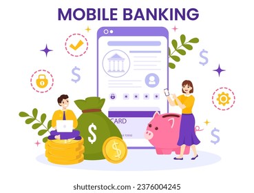 Mobile Banking Vector Illustration with Wallet App for Payment from Phone and Wireless Cash Transaction by Credit and Debit Cards in Flat Background