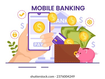 Ilustración de vectores bancarios móviles con aplicación de cartera para pagos por teléfono y transacción de efectivo inalámbrica por tarjetas de crédito y débito en un fondo plano