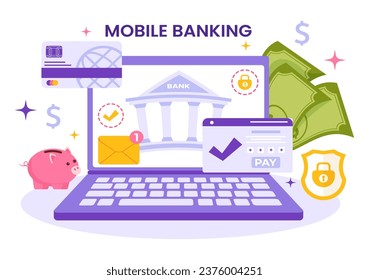 Mobile Banking Vector Illustration with Wallet App for Payment from Phone and Wireless Cash Transaction by Credit and Debit Cards in Flat Background