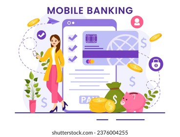 Mobile Banking Vector Illustration with Wallet App for Payment from Phone and Wireless Cash Transaction by Credit and Debit Cards in Flat Background