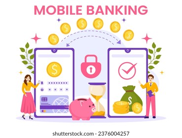 Mobile Banking Vektor Illustration mit einer App für die Bezahlung per Telefon und Wireless-Barzahlung per Kredit- und Debit-Cards auf flattem Hintergrund