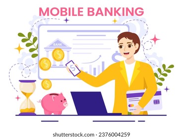 Mobile Banking Vector Illustration with Wallet App for Payment from Phone and Wireless Cash Transaction by Credit and Debit Cards in Flat Background