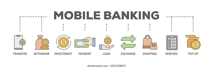 Mobile banking web banner icon vector illustration concept consists of transfer, withdraw, investment, payment, loan, exchange, shopping, verified and top up icon live stroke and easy to edit