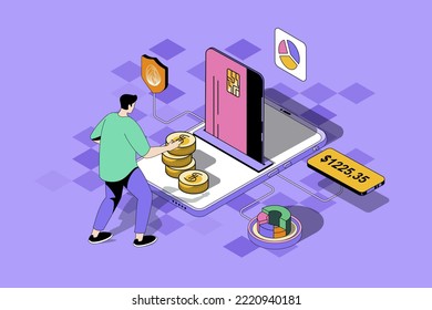 Mobile banking web concept in 3d isometric design. Man manages financial account and balance, makes transactions from credit card in application. Vector web illustration with people isometry scene