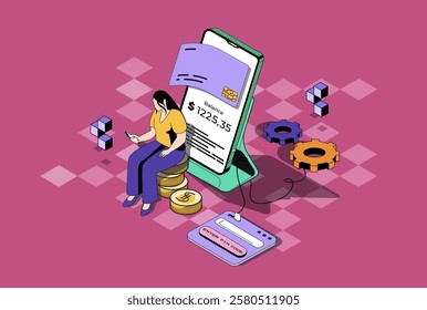 Mobile banking web concept in 3d isometric graphic design. Isometry people scene with woman using app for online secure payments, credit card transfers and financial management. Vector illustration.