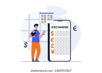 Mobile banking web concept with character scene. Man uses currency exchange service, doing transaction in app. People situation in flat design. Vector illustration for social media marketing material.