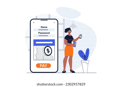 Mobile banking web concept with character scene. Woman manages finances and access to account in application. People situation in flat design. Vector illustration for social media marketing material.