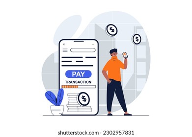 Concepto web de banca móvil con escena de personajes. El hombre realiza pagos en línea y realiza transacciones rápidas en aplicación. La gente se encuentra en un diseño plano. Ilustración vectorial para material de marketing en medios sociales.