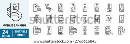 Mobile banking web icons in line style. Bank, income, atm, money, payment, collection. Vector illustration.