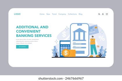 Mobile banking web or landing page . Streamlined mobile banking experience with user-friendly financial tools and services. Enhanced access and financial control. Flat vector illustration.