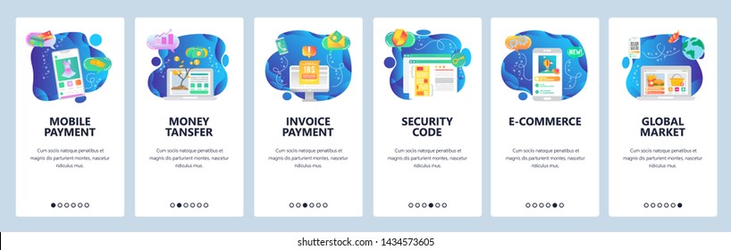Mobile banking web site and mobile app onboarding screens. Menu banner vector template for e-commerce, online money transfer website and application development.