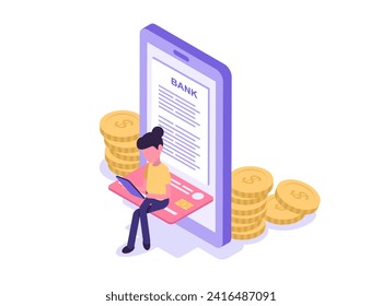 Mobile banking. A woman accesses online banking on his phone