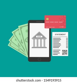 Mobile Banking In Your Smartphone. Online Banking, Pay With Phone. Credit Card, Bank Icon On The Screen And Statement. Vector Illustration