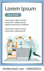 Mobile Banner Page Design Presenting New Chemical Lab. Informational Webpage with Man Scientist Chemist Conducting Analytic Test Experiment with Laboratory Equipment. Vector Illustration