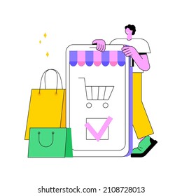 Ilustración vectorial de concepto abstracto basado en el mercado móvil. Compras basadas en móviles, compra de aplicaciones de e-shop, aplicación de comercio electrónico, mercado en línea, compra productos con metáfora abstracta de smartphone.