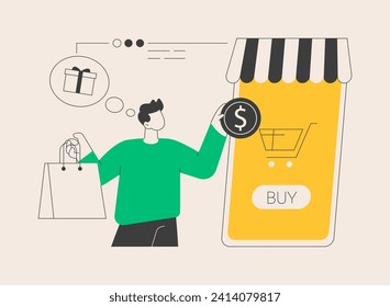 Ilustración vectorial de concepto abstracto basado en el mercado móvil. Compras basadas en móviles, compra de aplicaciones de e-shop, aplicación de comercio electrónico, mercado en línea, compra productos con metáfora abstracta de smartphone.
