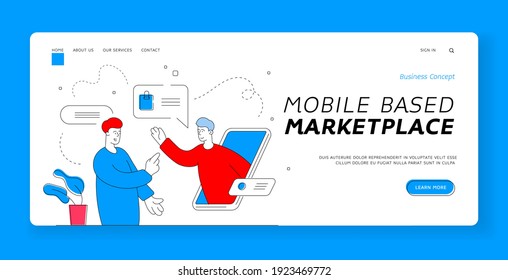 Plantilla de banner de mercado basada en móviles. Ilustración vectorial de un tipo moderno usando un smartphone para charlar con el agente de apoyo de la tienda en línea mientras compra en Internet. Ilustración de estilo plano