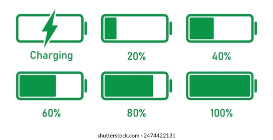 Mobilakku, Aufladen von 20 bis 100 Prozent Infografiken Volle Akkukapazität, Energieniveau, Fortschritt, Wachstum, Energie-Vektorgrafik-Abbuchungen. Die Batteriestandsanzeige ist grün Abbuchung.