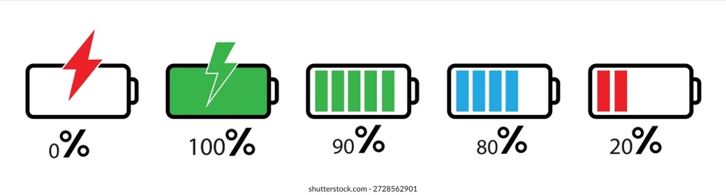Mobile battery charging 20 to 100 percentage infographics full battery charge, energy level, progress, growth, power vector sign symbols. Battery charge level indicator in green color. Vector icon.