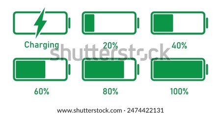 Mobile battery, charging 20 to 100 percentage infographics full battery charge, energy level, progress, growth, power vector sign symbols. Battery charge level indicator. Vector illustration.