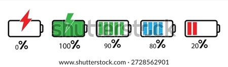Mobile battery charging 20 to 100 percentage infographics full battery charge, energy level, progress, growth, power vector sign symbols. Battery charge level indicator in green color. Vector icon.