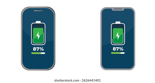 Estado de carga de la batería móvil: 87% de energía verde en la Ilustración vectorial de la pantalla del teléfono inteligente para una interfaz de usuario App, eficiencia energética, indicador de energía y conceptos de dispositivos tecnológicos. Iconos de carga de batería móvil.