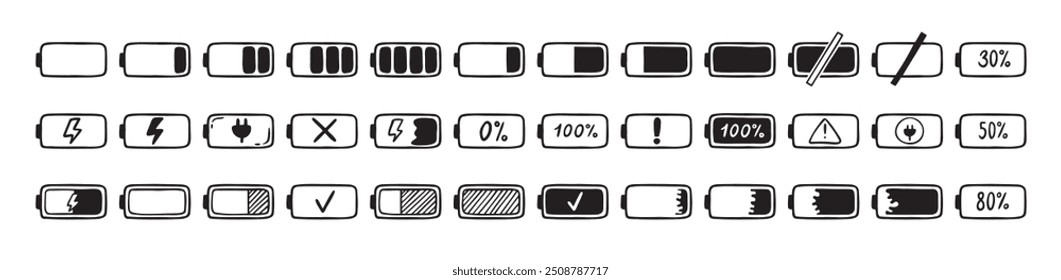 Mobile battery doodle Hand drawn set. Collection pen ink pencil drawing sketches connection indicator isolated. low or high energy charge. Vector illustration