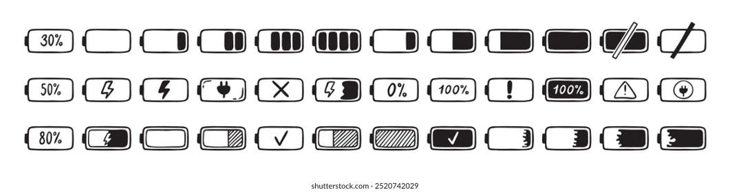 Mobile battery doodle Hand drawn set. Collection pen ink pencil drawing sketches connection indicator isolated. low or high energy charge. Vector illustration