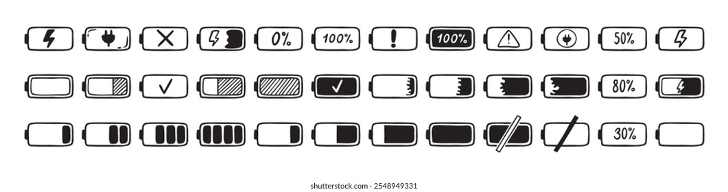 Mobile battery doodle Hand drawn set. Collection pen ink pencil drawing sketches connection indicator isolated. low or high energy charge. Vector illustration