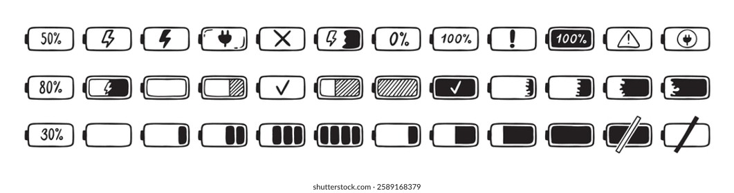 Mobile battery doodle Hand drawn set. Collection pen ink pencil drawing sketches connection indicator isolated. low or high energy charge. Vector illustration