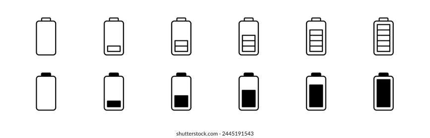 Mobile battery icon set. Phone battery level indicator. Line and glyph battery indicator