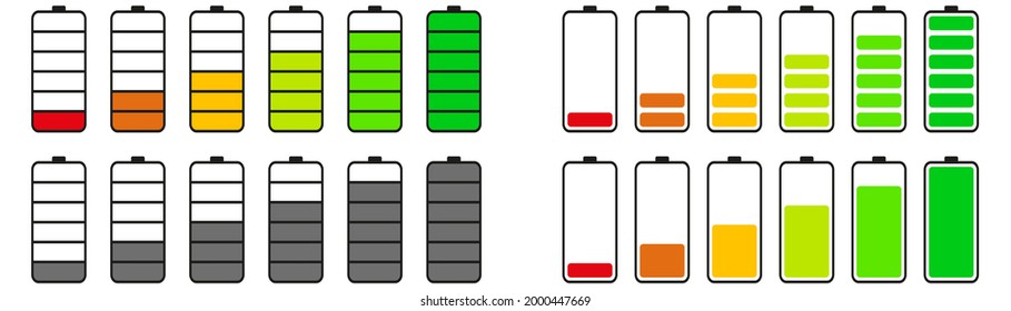Mobile battery icons. Isolated battery indicator in flat. Mobile accumulator level. Low and high energy indicator. Capacity symbol set. Vector EPS 10