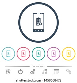Mobile battery settings flat color icons in round outlines. 6 bonus icons included.