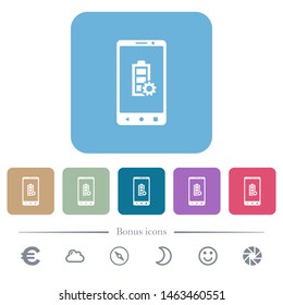 Mobile battery settings white flat icons on color rounded square backgrounds. 6 bonus icons included