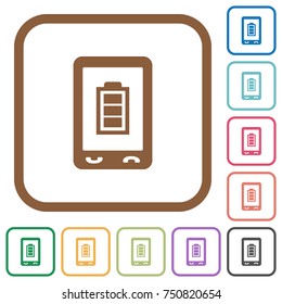 Mobile battery status simple icons in color rounded square frames on white background