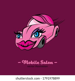Mobile beauty salon. Auto character with a woman face. Therapy and treatment on wheels. House-call makeup and hairstyle service. Vector illustration in a cartoon style isolated on purple background.