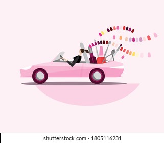 Mobile beauty salon. Manicure in your place. Hands and nail treatment on wheels. House-call pedicure service. Vector illustration in a cartoon style isolated on light background.