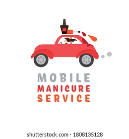 Mobile beauty salon. Manicure in your place. Hands and nail treatment on wheels. House-call pedicure service. Vector illustration in a cartoon style isolated on wight background.