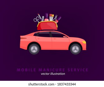 Mobile beauty salon. Manicure in your place. Hands and nail treatment on wheels. House-call pedicure service. Vector illustration in a cartoon style isolated on violet background.
