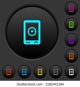 Mobile benchmark dark push buttons with vivid color icons on dark grey background