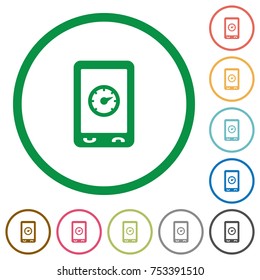 Mobile benchmark flat color icons in round outlines on white background