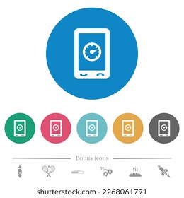 Mobile benchmark flat white icons on round color backgrounds. 6 bonus icons included.