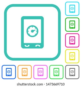 Mobile benchmark vivid colored flat icons in curved borders on white background