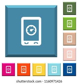 Mobile benchmark white icons on edged square buttons in various trendy colors