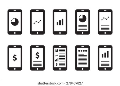 Mobile Big Data Analytics Icon Symbols On Smartphone App In A Glyph Pictogram Illustration