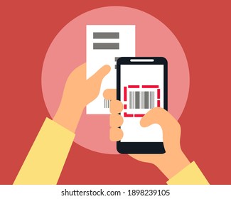 Mobile bill payment barcode scan concept. Hands hold smart phone and bill. Cartoon vector style for your design.
