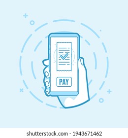 Mobile bill payment concept. Pay bills online. Hand holding smartphone icon in line style.