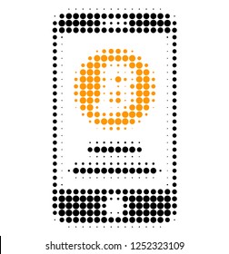 Mobile bitcoin account halftone dotted icon. Halftone array contains round pixels. Vector illustration of mobile bitcoin account icon on a white background.